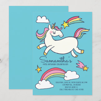 Niedlich Doodle Rainbow Unicorn Sterne Geburtstag Einladung