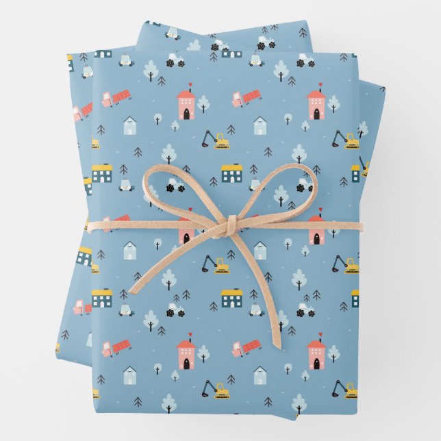 Niedlich Doodle Town Scene Muster Geschenkpapier Set (Beispiel)