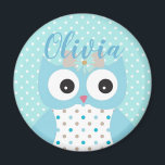 Niedlich Dotty Blue Owl Art Personalisiert Girls Magnet<br><div class="desc">Adorable Uhenkunst und Polka Punktmuster auf dem personalisierten Magneten.</div>