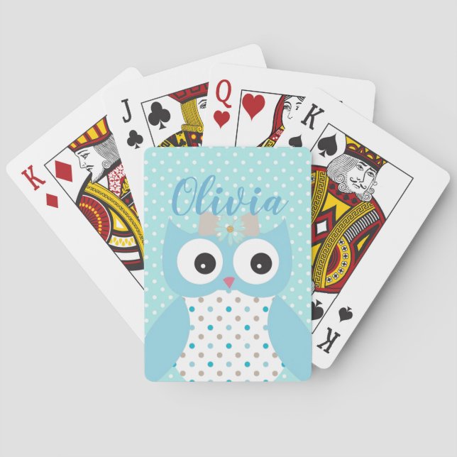 Niedlich Dotty Blue Owl Art Personalisiert Girls Spielkarten (Rückseite)