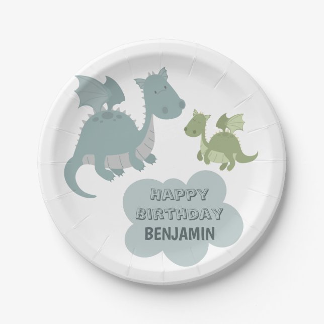 Niedlich Dragon Blue Green Personalisiert Name Geb Pappteller (Vorderseite)