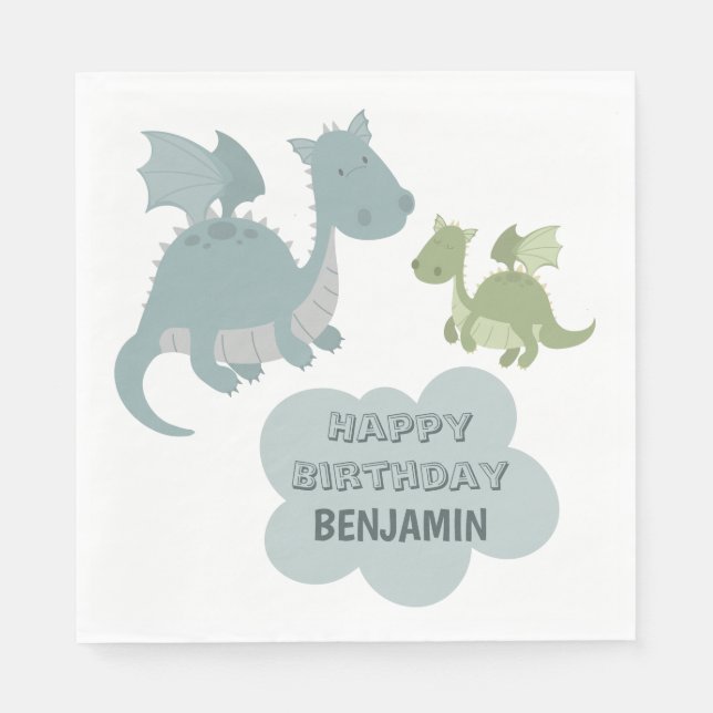 Niedlich Dragon Blue Green Personalisiert Name Geb Serviette (Vorderseite)