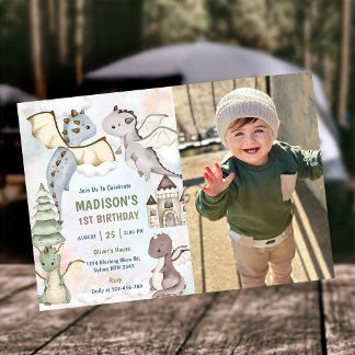 Niedlich Dragon Boy 1. Geburtstag Party Foto Einladung