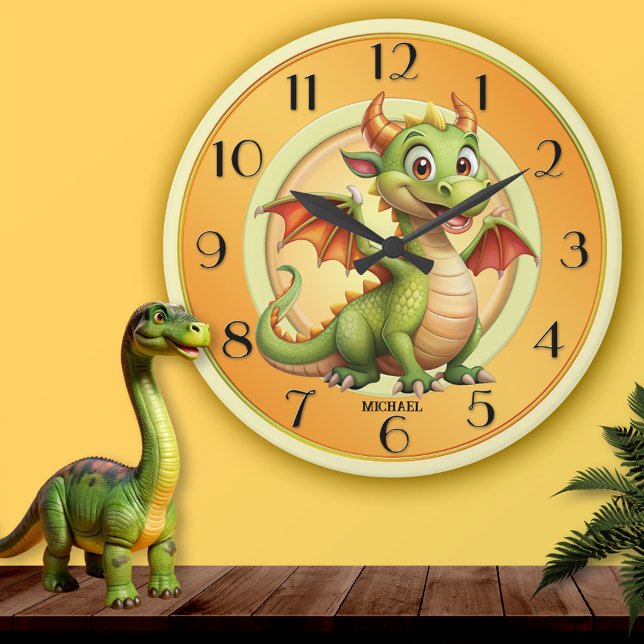 Niedlich Dragon Magic Fantasy Kids Runde Wanduhr (Wall clock featuring a cute magical fantasy dragon in warm pastel colors - gift for a child)