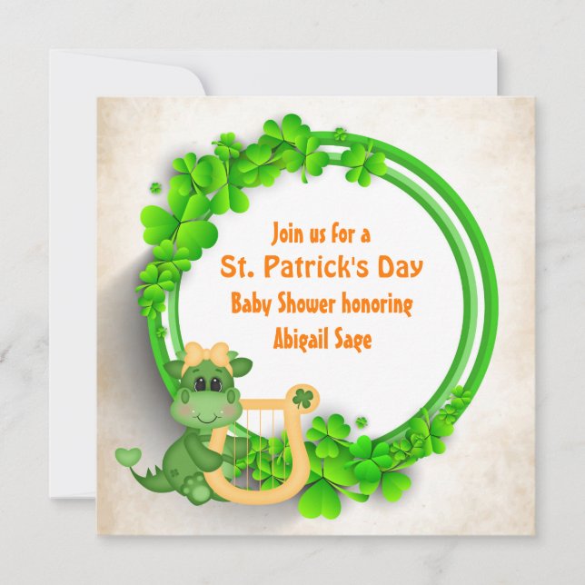 Niedlich Dragon St Patrick's Day Girls Baby Shower Einladung (Vorderseite)