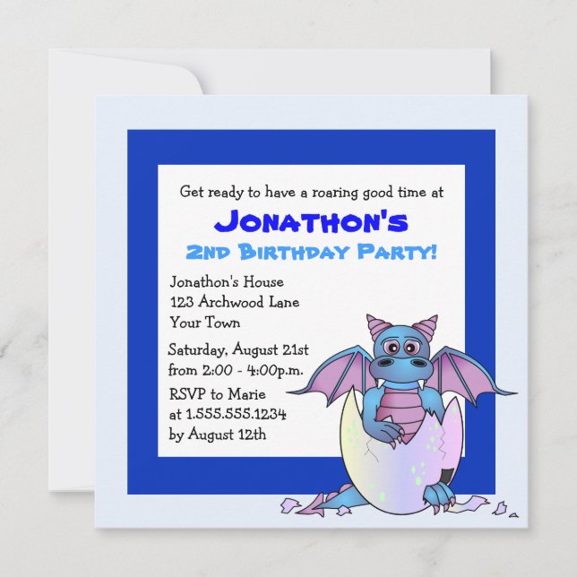 Niedlich Dragon Themed Child Birthday - Blau Einladung (Vorderseite)