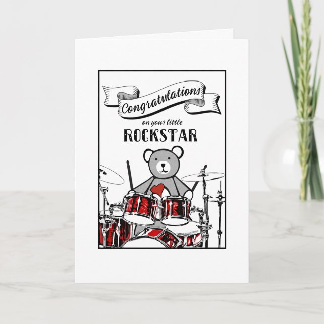 Niedlich Drummer Teddy Rockstar Rock Roll Babydusc Karte (Vorderseite)