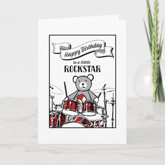 Niedlich Drummer Teddy Rockstar Rock & Roll Birthd Karte (Vorderseite)