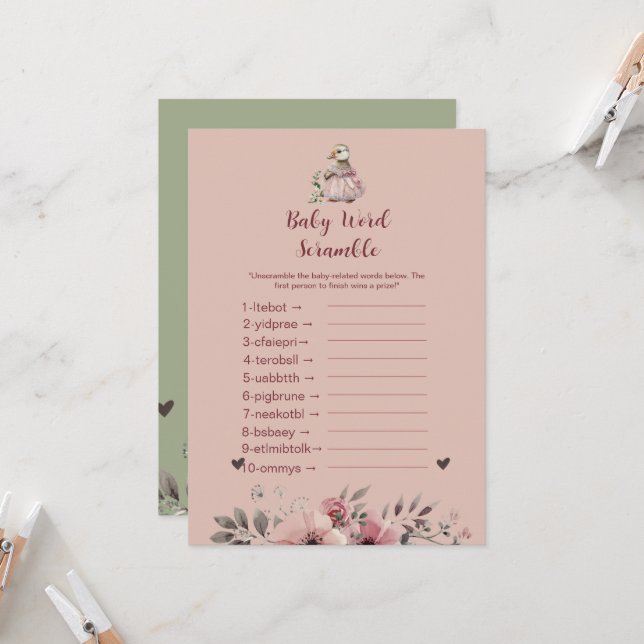 Niedlich Duck Baby Word Scramble | Baby Shower Gam Einladung (Vorderseite/Rückseite Beispiel)