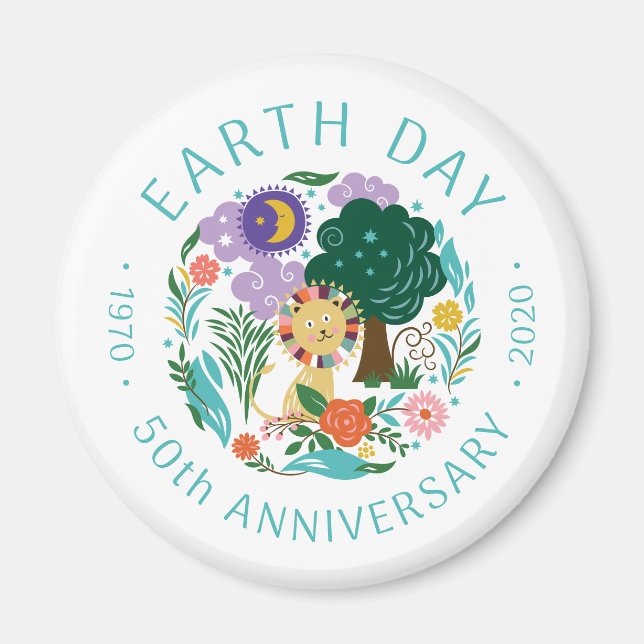 Niedlich Earth Day 2020 Happy Lion in Nature 50. Magnet (Vorne)