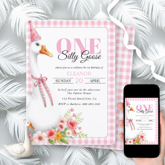 Niedlich Eine alberne Gans, Gingham Girl's 1. Gebu Einladung