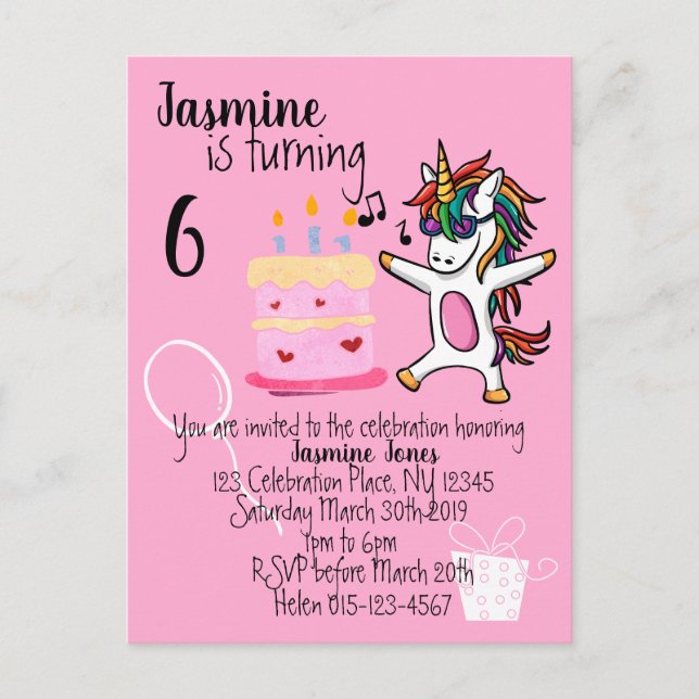 Niedlich Einhorn Rosa Geburtstag Einladungspostkarte (Vorderseite)