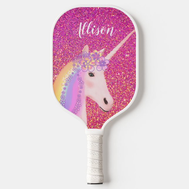 Niedlich Einhorn Rosa Glitzer Personalisiert Pickleball Schläger (Vorderseite)