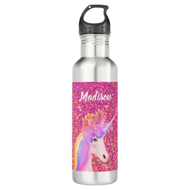 Niedlich Einhorn Rosa Glitzer Personalisierte Kind Edelstahlflasche (Vorderseite)