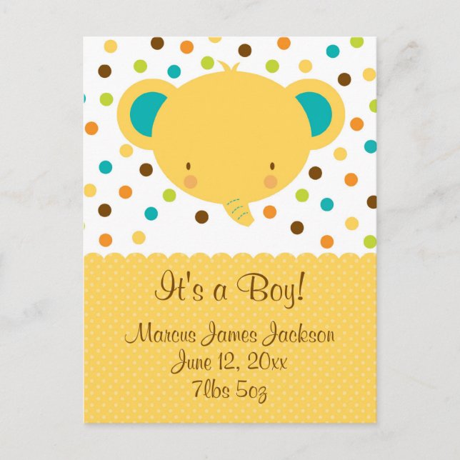 Niedlich Elefant Birth Announcement Es ist ein Jun Ankündigungspostkarte (Vorderseite)