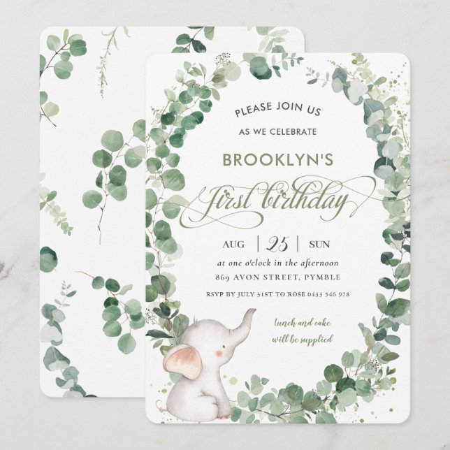 Niedlich Elefant Chic Greenery 1. Geburtstag Einladung (Vorne/Hinten)