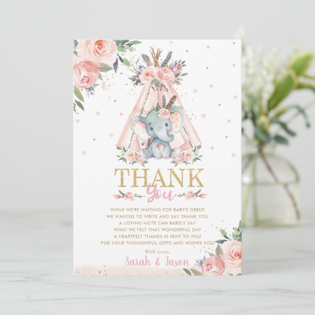 Niedlich Elefant Floral Boho Tribal Girl Babydusch Dankeskarte (Stehend Vorderseite)