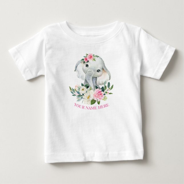 Niedlich Elefant und BLush Pink Blütenbraun 1. Geb Baby T-shirt (Vorderseite)