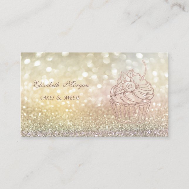 Niedlich Elegant Bokeh Glitzer Cupcake Bäckerei Visitenkarte (Vorderseite)