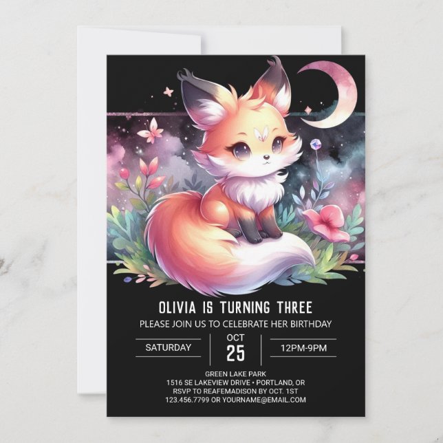 Niedlich Elegant Fox Geburtstag digital Einladung (Vorderseite)