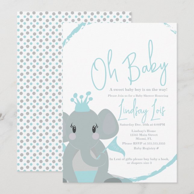 Niedlich Elephant Baby Boy Elegante Script Baby Sh Einladung (Vorne/Hinten)