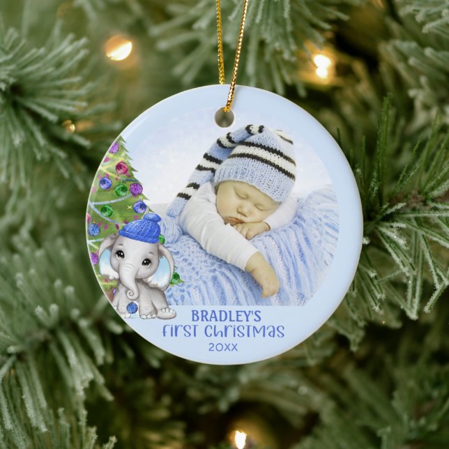 Niedlich Elephant Baby Boy Erstes Weihnachtsfest F Keramik Ornament (Baum)