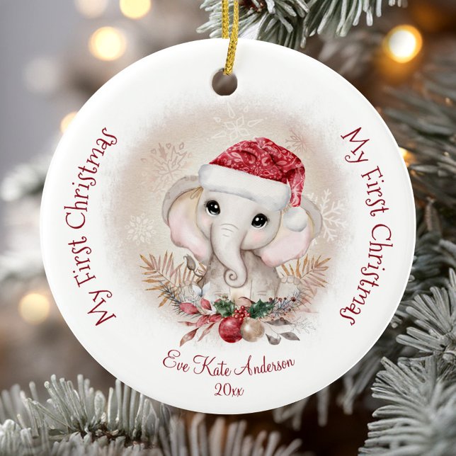 Niedlich Elephant Baby First Christmas Girl Keramik Ornament (Cute Elephant Baby First Christmas Girl Ceramic Ornament)