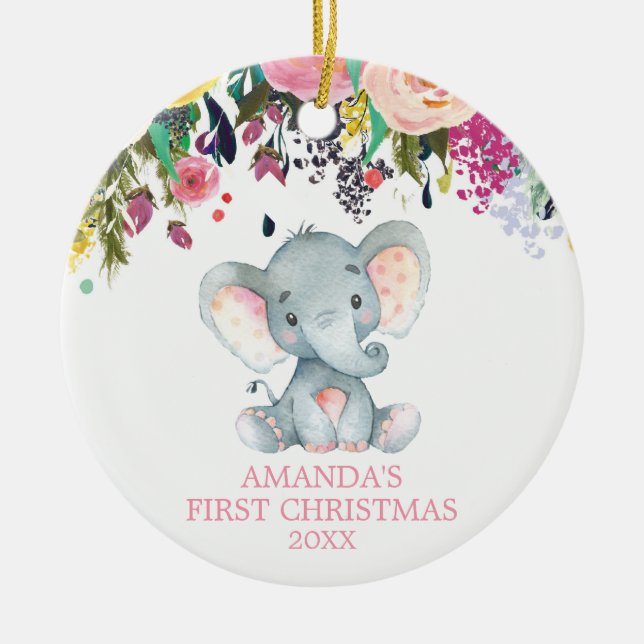 Niedlich Elephant Baby Girl First Christmas Pink Keramik Ornament (Vorne)