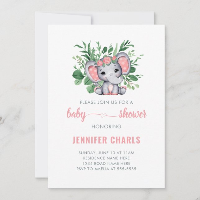 Niedlich Elephant Baby Girl Greenery White Einladung (Vorderseite)