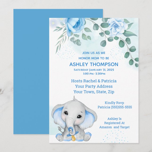 Niedlich Elephant Baby Shower Boy Blue Floral Einladung (Vorne/Hinten)