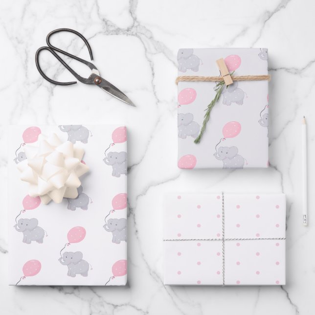 Niedlich Elephant Baby Shower Girl Geschenkpapier Set (Vorderseite)