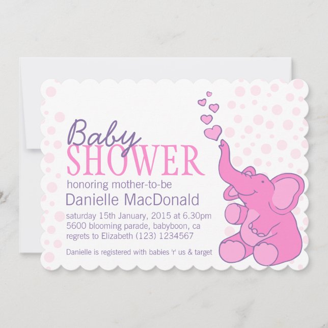 Niedlich Elephant Babydusche mit rosa Einladung (Vorderseite)
