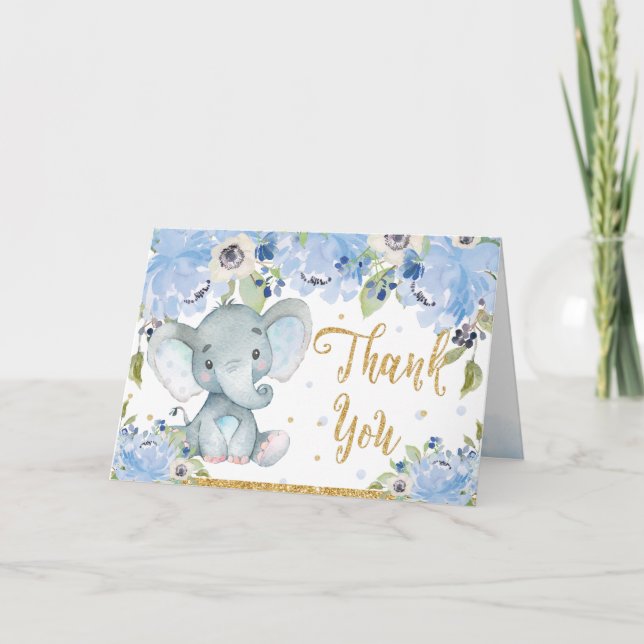 Niedlich Elephant Blue Floral Baby Dusche Dankeskarte (Vorderseite)