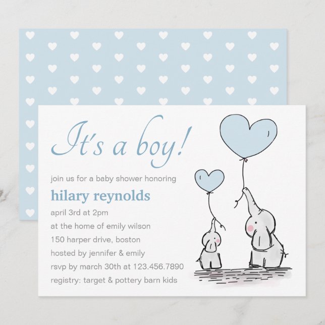 Niedlich Elephant Blue Heart Balloons Boy Baby Dus Einladung (Vorne/Hinten)