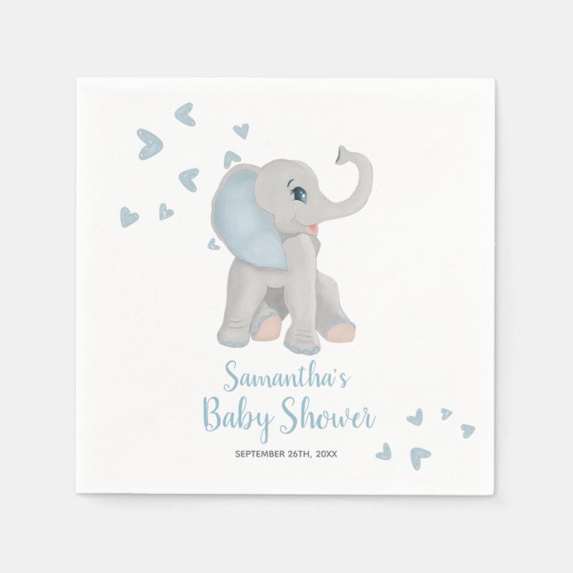 Niedlich Elephant Blue Watercolor Baby Dusche Eleg Serviette (Vorderseite)