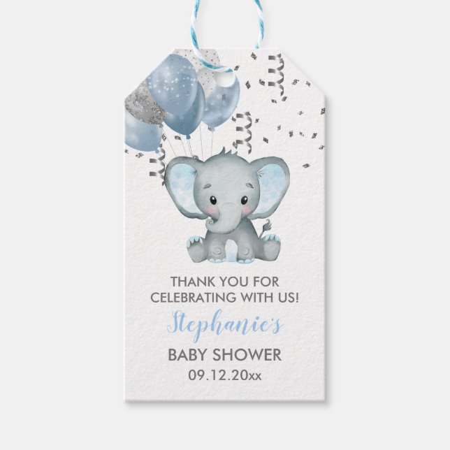 Niedlich Elephant Boy Balloons Babydusche Geschenkanhänger (Vorderseite)