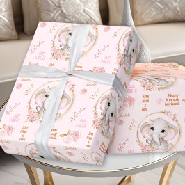 Niedlich Elephant Floral Pink Baby Girl Individuel Geschenkpapier