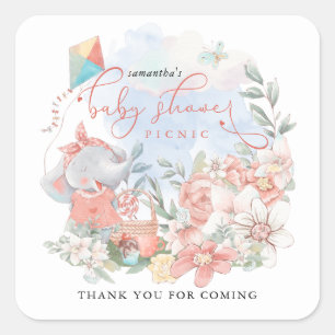 Niedlich Elephant Girl Baby Shower Picnic Danke Quadratischer Aufkleber