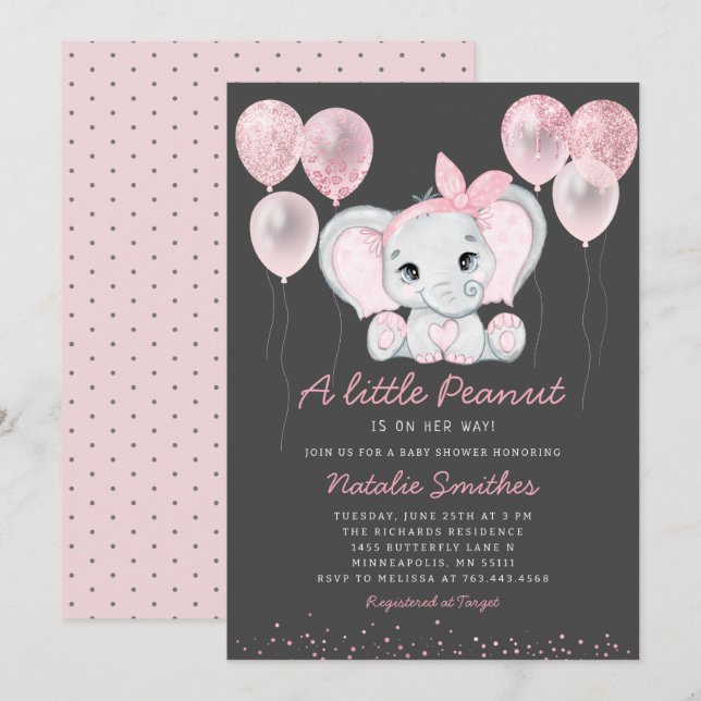 Niedlich Elephant Girl Balloons Kinderdusche Einla Einladung (Vorne/Hinten)