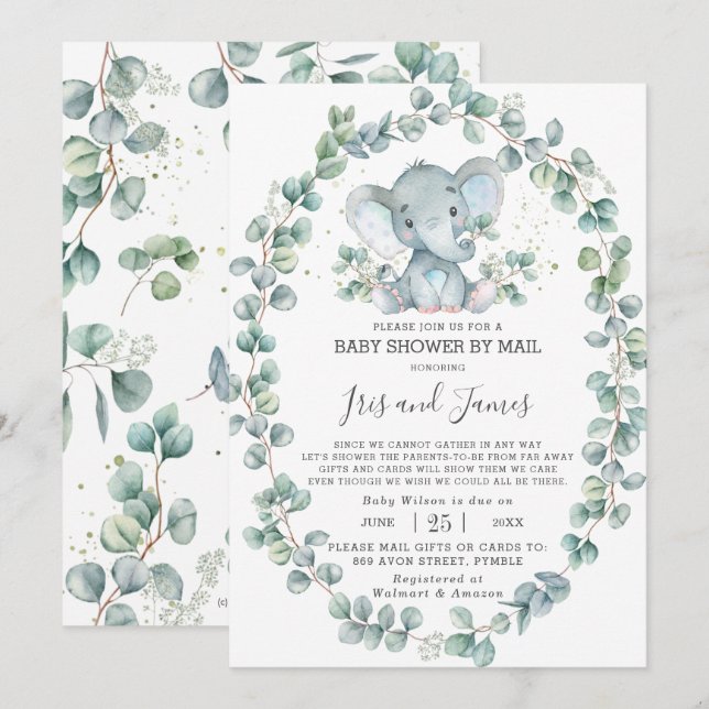 Niedlich Elephant Greenerenery Baby Shower von Mai Einladung (Vorne/Hinten)