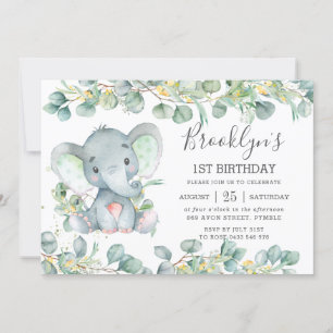 Niedlich Elephant Greenery Eucalyptus Geburtstag Einladung