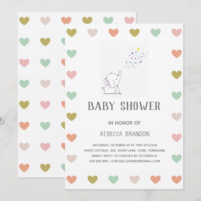 Niedlich Elephant Hearts Mood Baby Dusche Einladun Einladung (Vorne/Hinten)