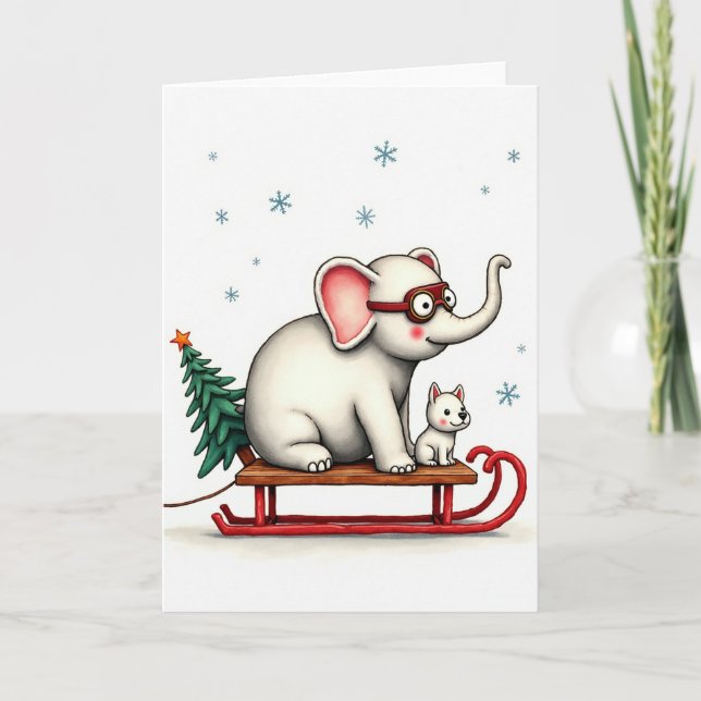 Niedlich Elephant Hund Schlitten Weihnachtskarte W Karte (Vorderseite)