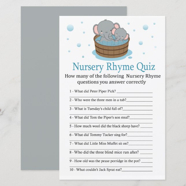 Niedlich Elephant Kinderzimmer Rhyme Quiz Babydusc (Vorne/Hinten)