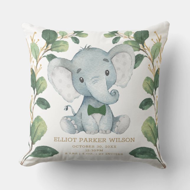 Niedlich Elephant Little Man Greenery Gold Geburts Kissen (Vorderseite)