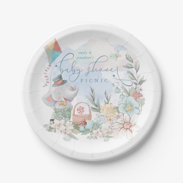 Niedlich Elephant Nature Boy Floral Baby Dusche Pi Pappteller (Vorderseite)