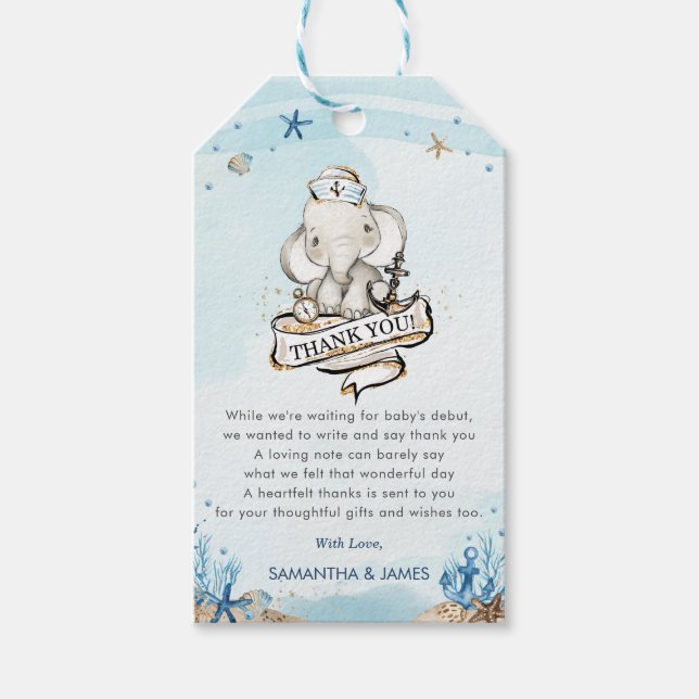 Niedlich Elephant Nautical Baby Dusche Vielen Dank Geschenkanhänger (Vorderseite)