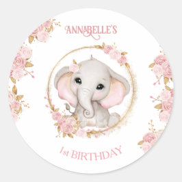Niedlich Elephant Pink Blume 1. Geburtstagskarte Runder Aufkleber