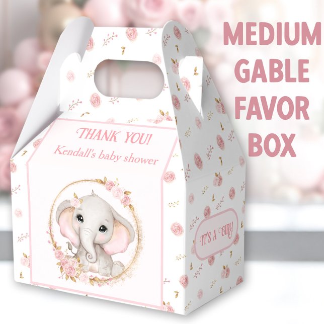 Niedlich Elephant Pink Blume Babydusche Medium Geschenkschachtel (Cute Elephant Medium Gable Favor Boxes - You can choose from 3 sizes of these gable favor boxes)