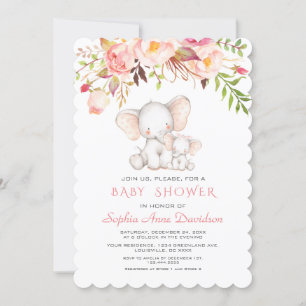 Niedlich Elephant Pink Blume Girl Baby Dusche Einladung